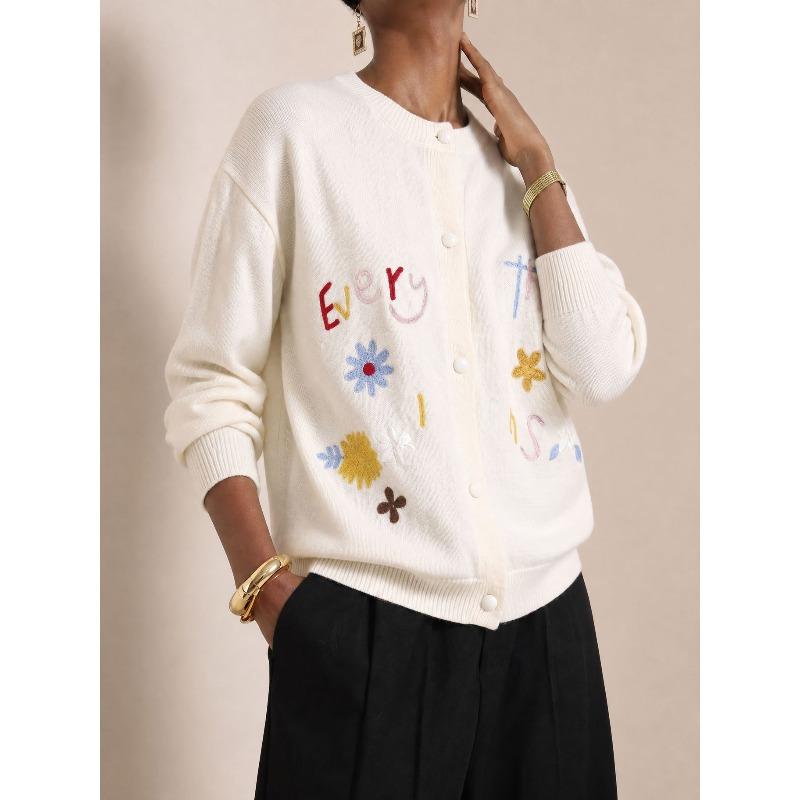 TIFICY Women's Fashion Casual Fall Winter Flower Pattern Print Long Sleeve O-Neck Sweaters