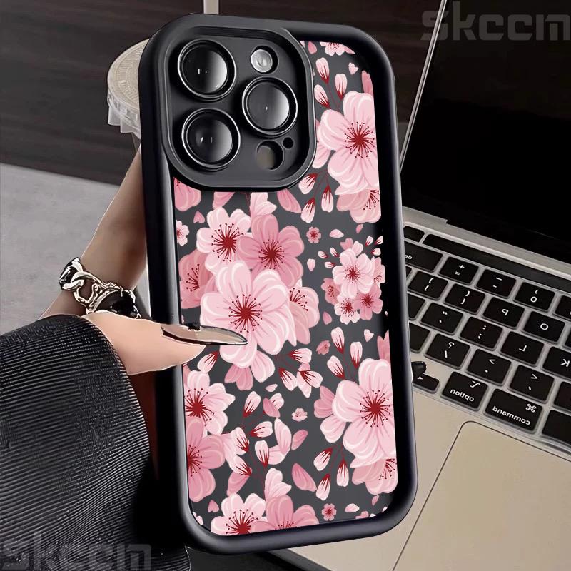 Pink Peach Flower Phone Case For iPhone 16 16E 15 14 13 12 11 Pro Max X XR XS Max 7 8 Plus Anti-Drop Silicone Soft Cover