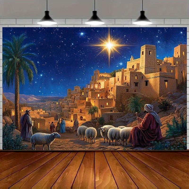 Bethlehem Christmas scene Background - Starry night  shepherd  sheep and rural architecture theme - Artisan  polyester