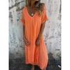 Women's Short-sleeved Cotton Linen Dress V-neck Loose Large Size Casual Vacation Street Thin Long Dresses
