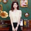 Women's Yellow Lace Blouse V-Neck Short Sleeve Button Front Ruffle Hem Slim Fit Casual Top