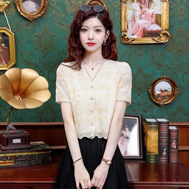 Women's Yellow Lace Blouse V-Neck Short Sleeve Button Front Ruffle Hem Slim Fit Casual Top