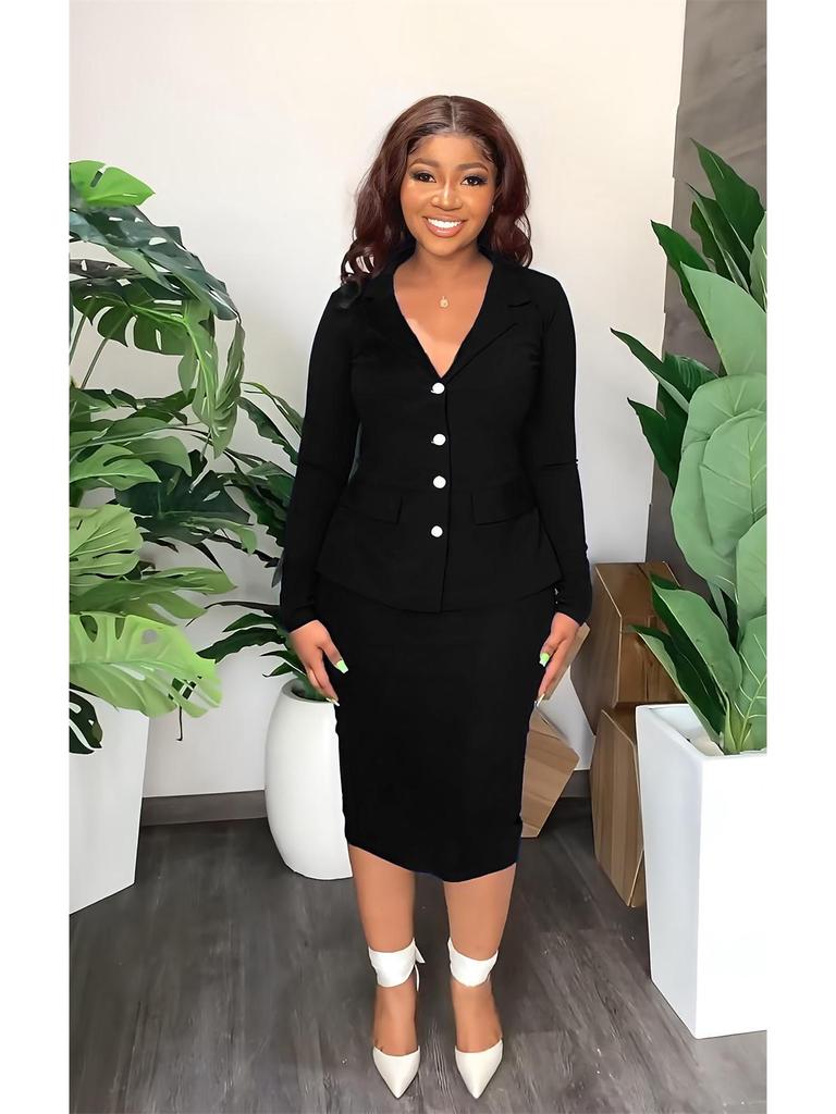 European & American Temperament Suit: Shirt Collar Top & Fashion Hip Wrap Skirt Two-Piece Set