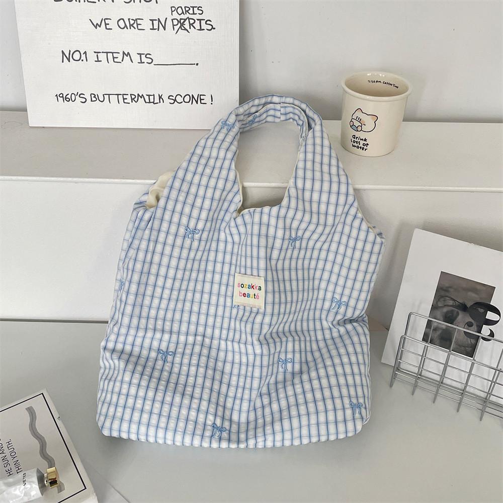 Summer Plaid Embroidered Tote Bag With Zipper Pocket For Casual Day Out