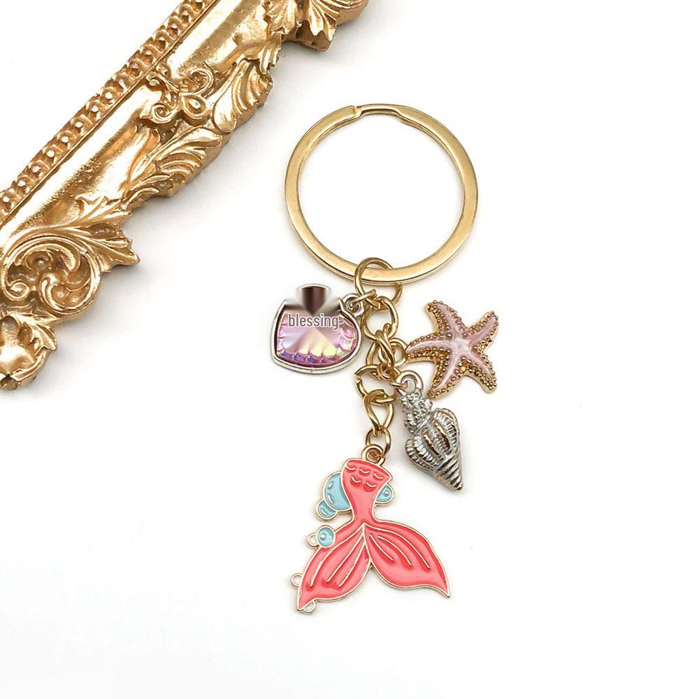 Pink Fantasy Mermaid Tail Keychain with Starfish and Conch Charms