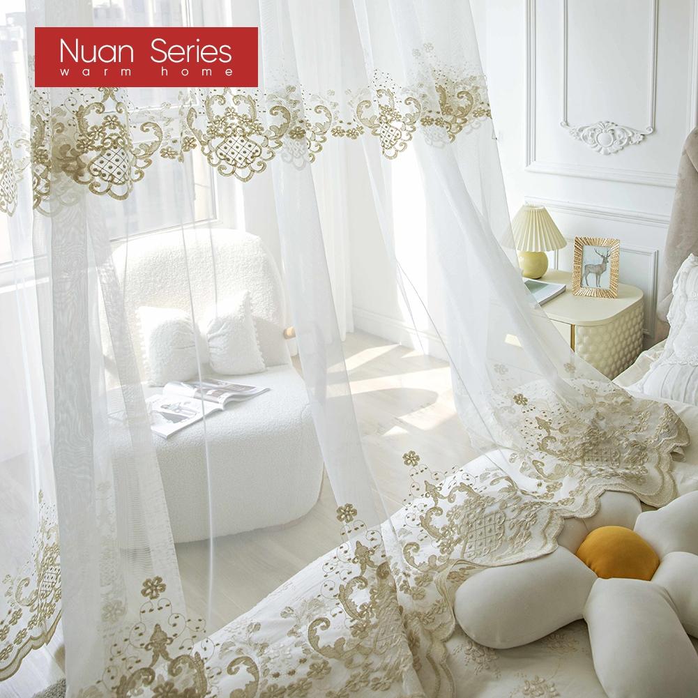1PC Nuan Series French Style Gold Thread Embroidered Sheer Curtain Romantic Style Luxury Tulle for Living Room Bedroom Balcony Window Home Decor