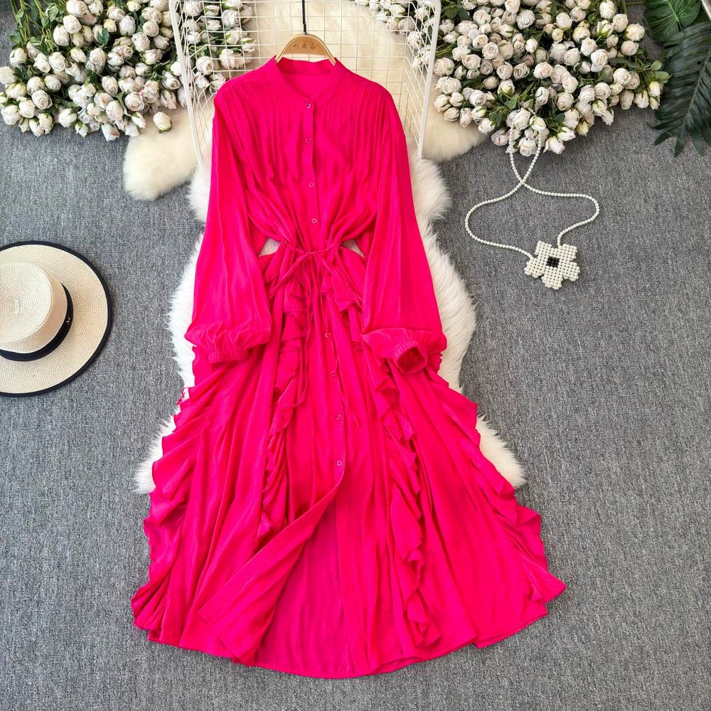 

Нежный стиль, темперамент, рукава-фонарики, воротник-стойка, присборенная талия, А-силуэт, оборки по краю, шифоновое платье, элегантные большие свободные длинные платья One Size розы красного