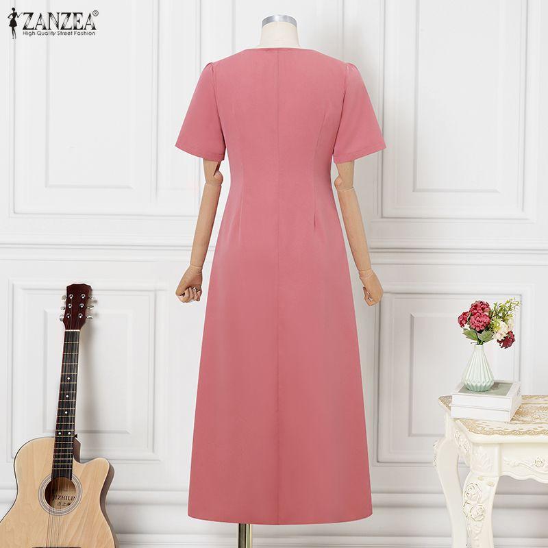 ZANZEA Women Casual V-Neck Short Sleeve Lace Splice Long Dress