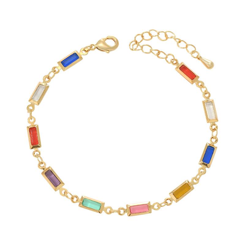 Gold Plated Rainbow Baguette CZ Link Bracelet – Dainty Colorful Jewelry, Sparkle Gift for Women