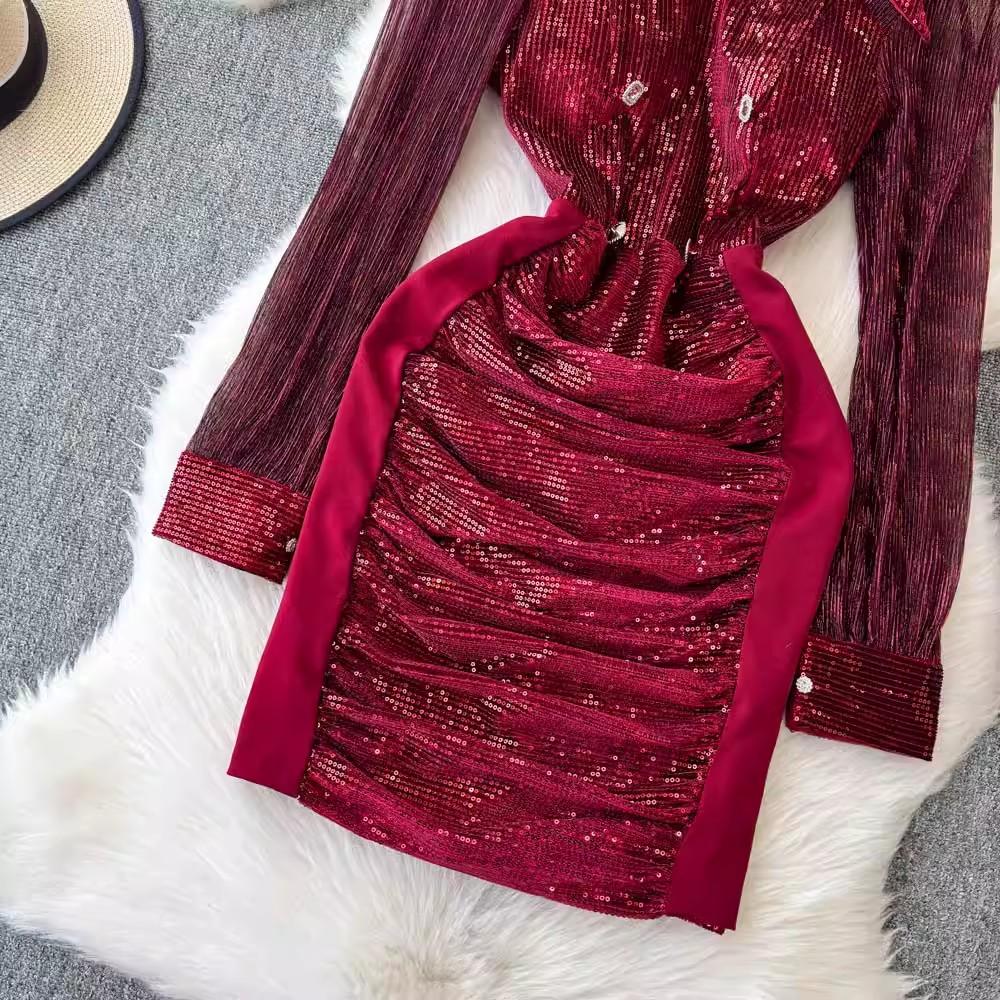 New Autumn Retro Sequins Lapel Pencil Dress Women Clothes Elegant Lady Sheer Sexy Long Sleeve Slim Short Party Birthday Vestidos