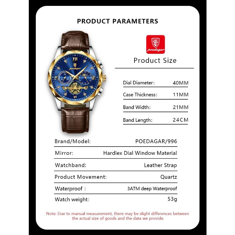 POEDAGAR Luxus-Armbanduhr für Herren Sport Leder Quarz-Uhr Wasserdicht Leuchtend Chronograph Uhren Männliche Uhr Reloj+Box