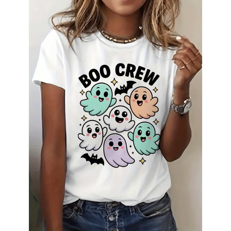 

European sizes Adorable Ghost Team Boo Halloween Graphic Tee, Short Sleeve Crew Neck Casual Shirt for Spring & Summer, Women S Apparel S белый