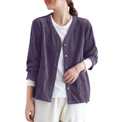 Spring and Autumn Women's Corduroy Thin Section Thin V Neck Casual Jacket Short Section Workwear Jacket