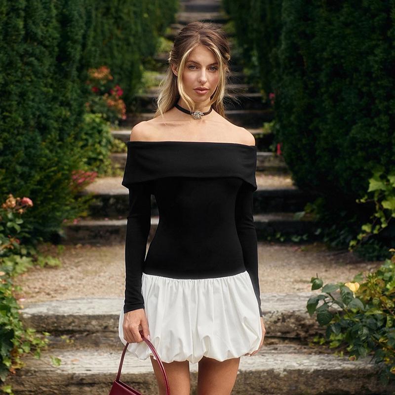 European & American Sexy Off-Shoulder Black & White Patchwork Slim Bubble Dress - Long-Sleeved, Autumn/Winter Collection.