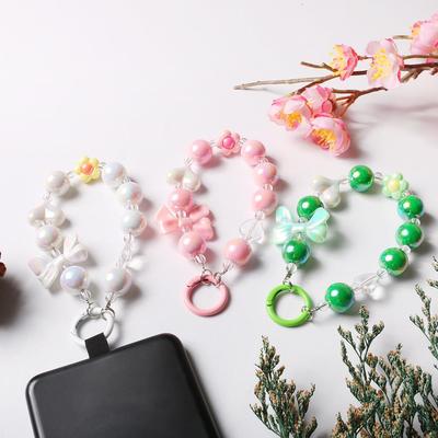 Colorful Electroplated Beaded Phone Chain & Keychain with Bow and Flower Pendant