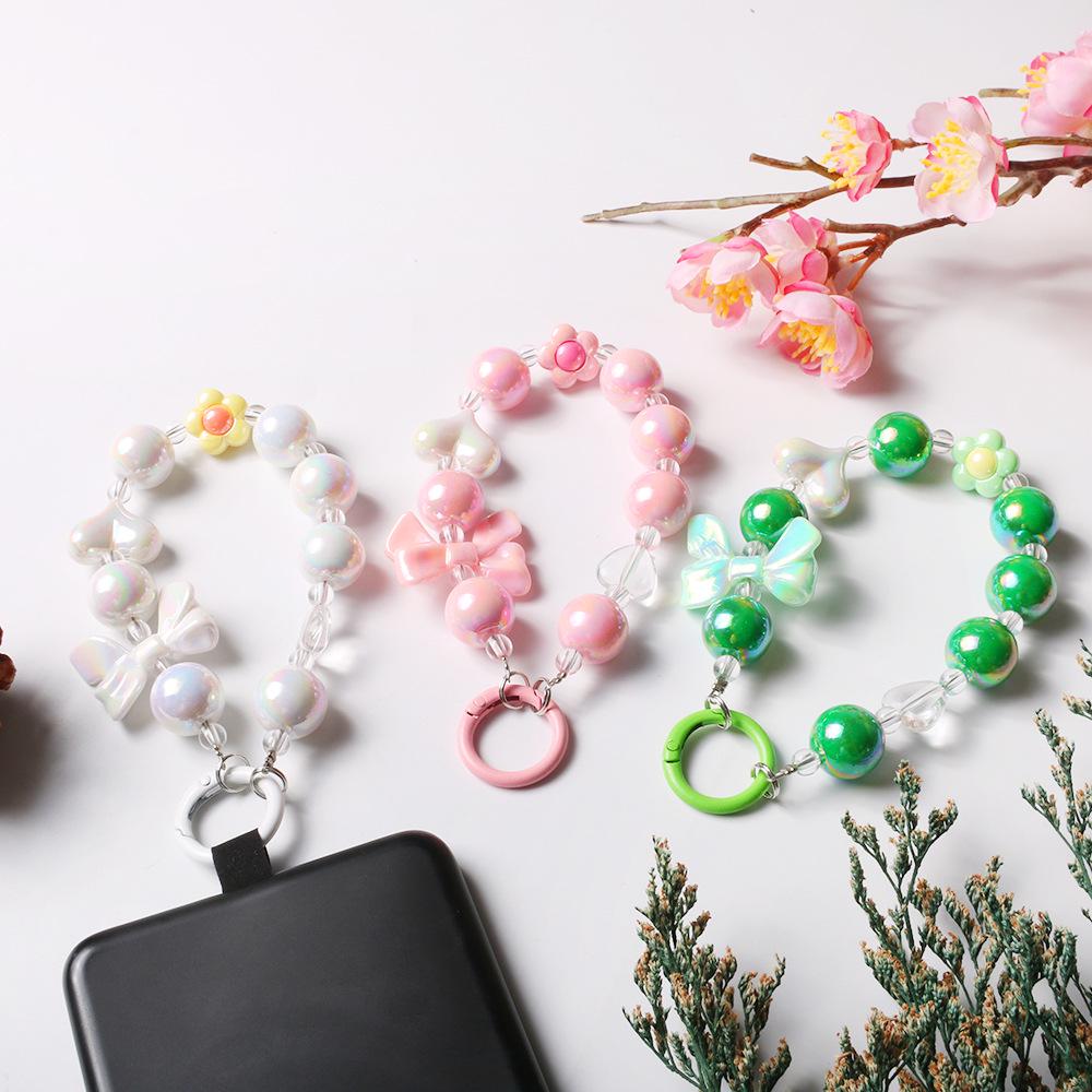 Colorful Electroplated Beaded Phone Chain & Keychain with Bow and Flower Pendant