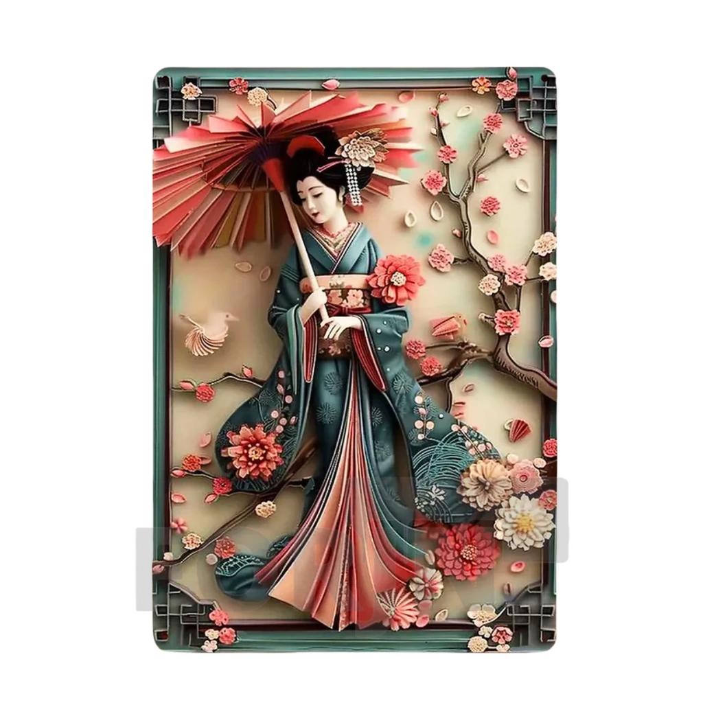 2D Japanisches Kunstposter Kimono Kirschblüten, elegantes Retro Geisha Metallschild, Zuhause, Zimmer, Büro, Izakaya, Café, Studio Wanddekor