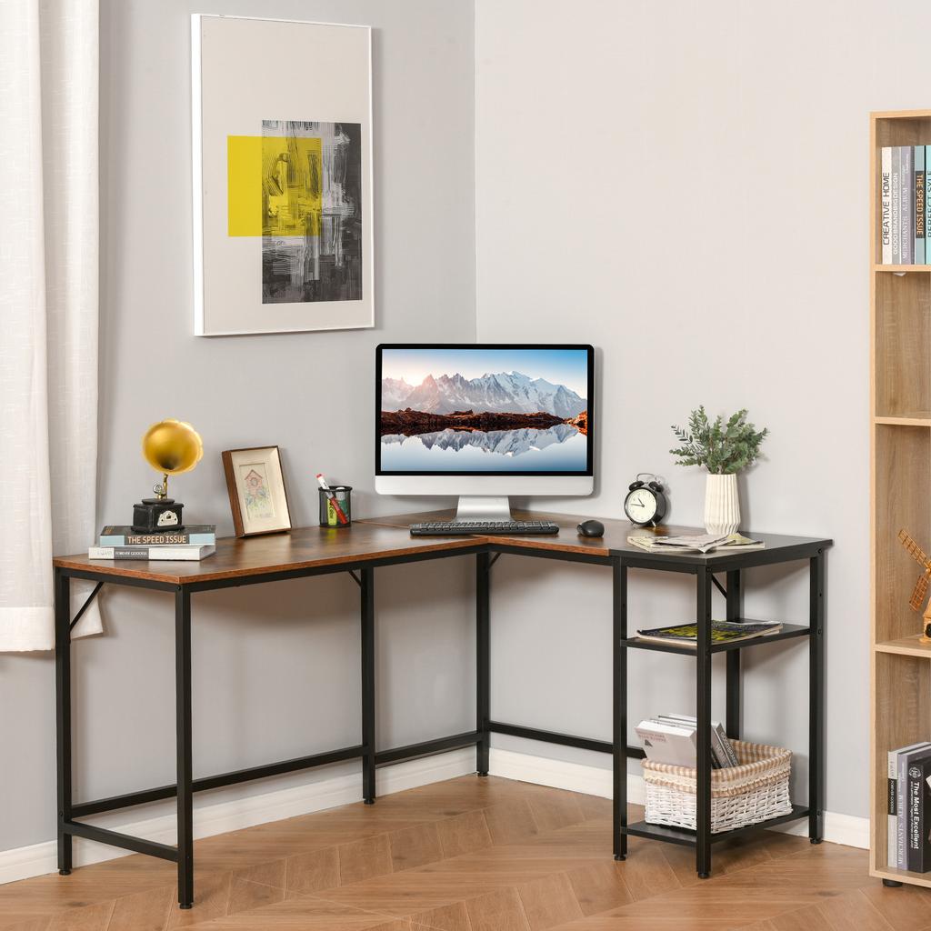Industrial Design Office Desk Corner Desk 2 Shelves CPU Printer Stand Old Wood Look Black Metal