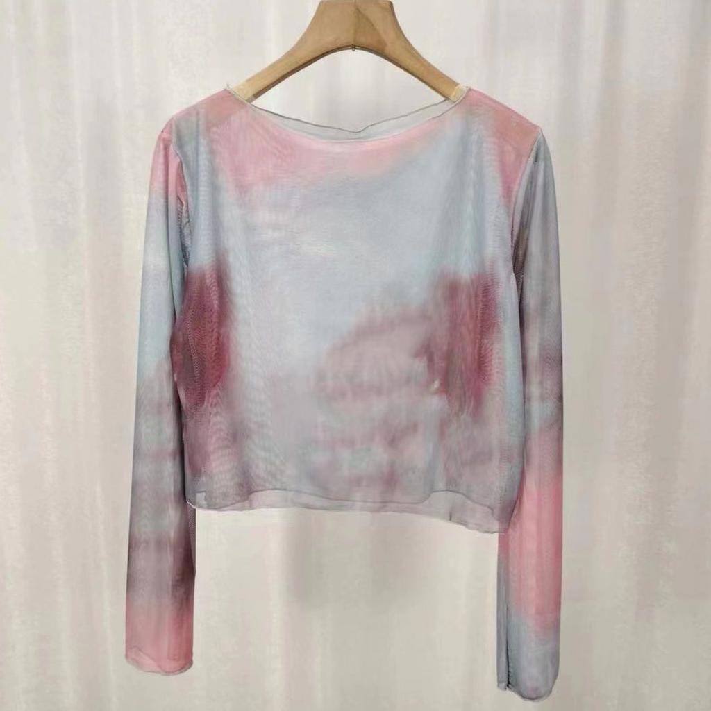 Sommer Gradient Batik Sonnenschutz T-Shirt Überwurf Reiner Wunsch Stil Durchsichtig Kurz Vielseitiges Oberteil