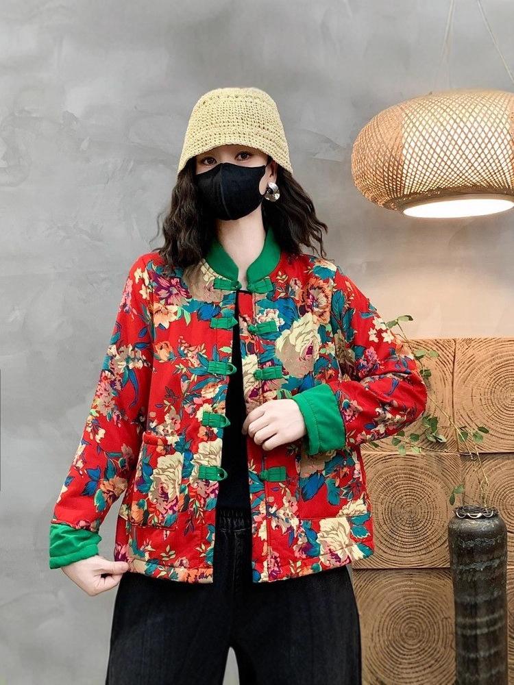 Northeast Floral Cotton Jacket: Women's Ethnic Winter Outerwear with Velvet Lining & Chinese Frog Buttons.