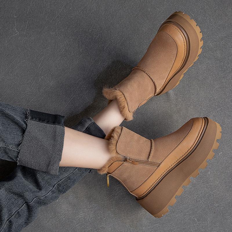 Johnature Thick Sole Snow Boots With Plush Warm Side Zipper Versatile Retro Solid Color Women's Shoes