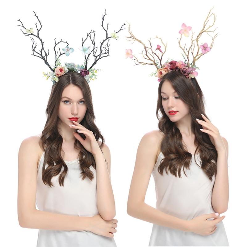 Flower Crown Hair Wreath Deer Antlers Headbands Reindeer Headdress Floral Headwears Holiday Wedding Photo Props