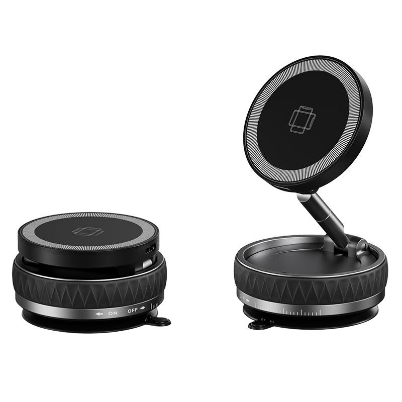 Vacuum Magnetic Car Phone Holder with Wireless Car Charger 360 Rotation Foldable Design Strong Magnetic Absorption Phone Holder