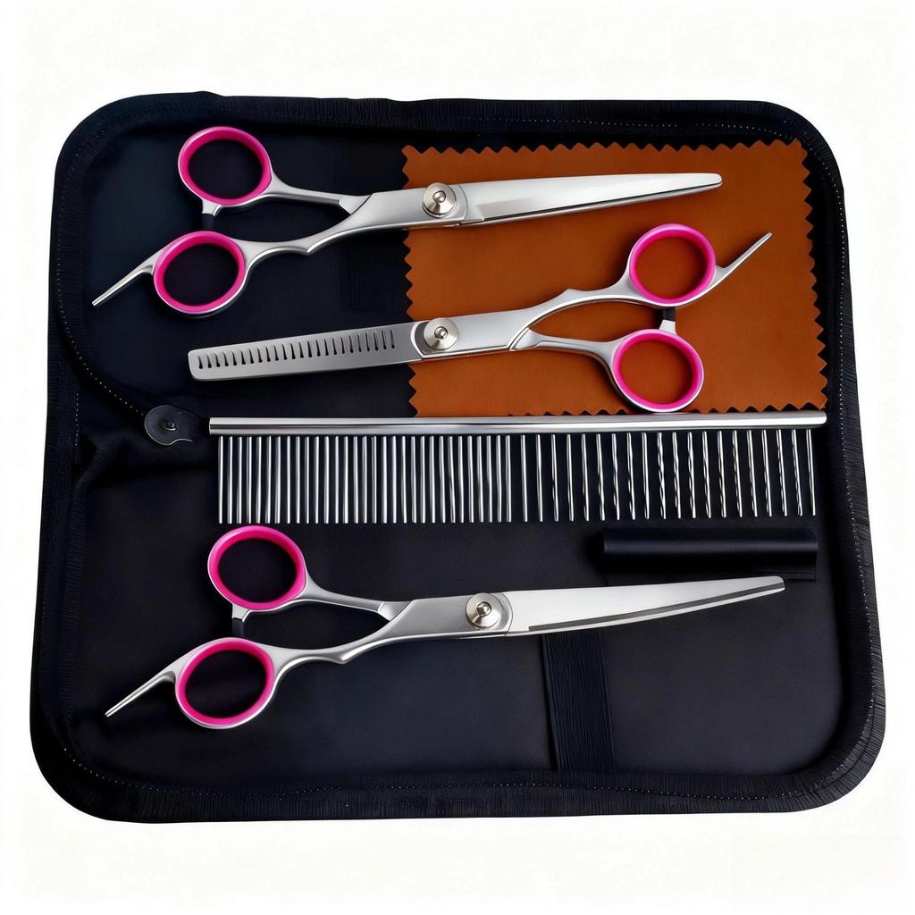 Portable Pet Grooming Scissor Set: Flat & Curved Hairdressing Tools