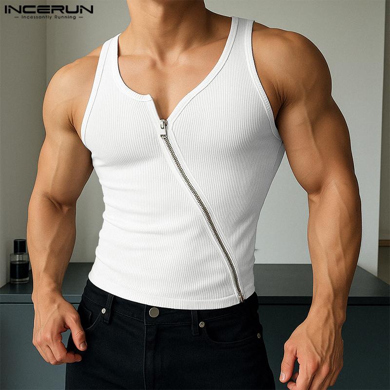 

INCERUN Summer Men Strap Sleeveless Zip-up Casual Fitted Rib Tank Tops 3XL