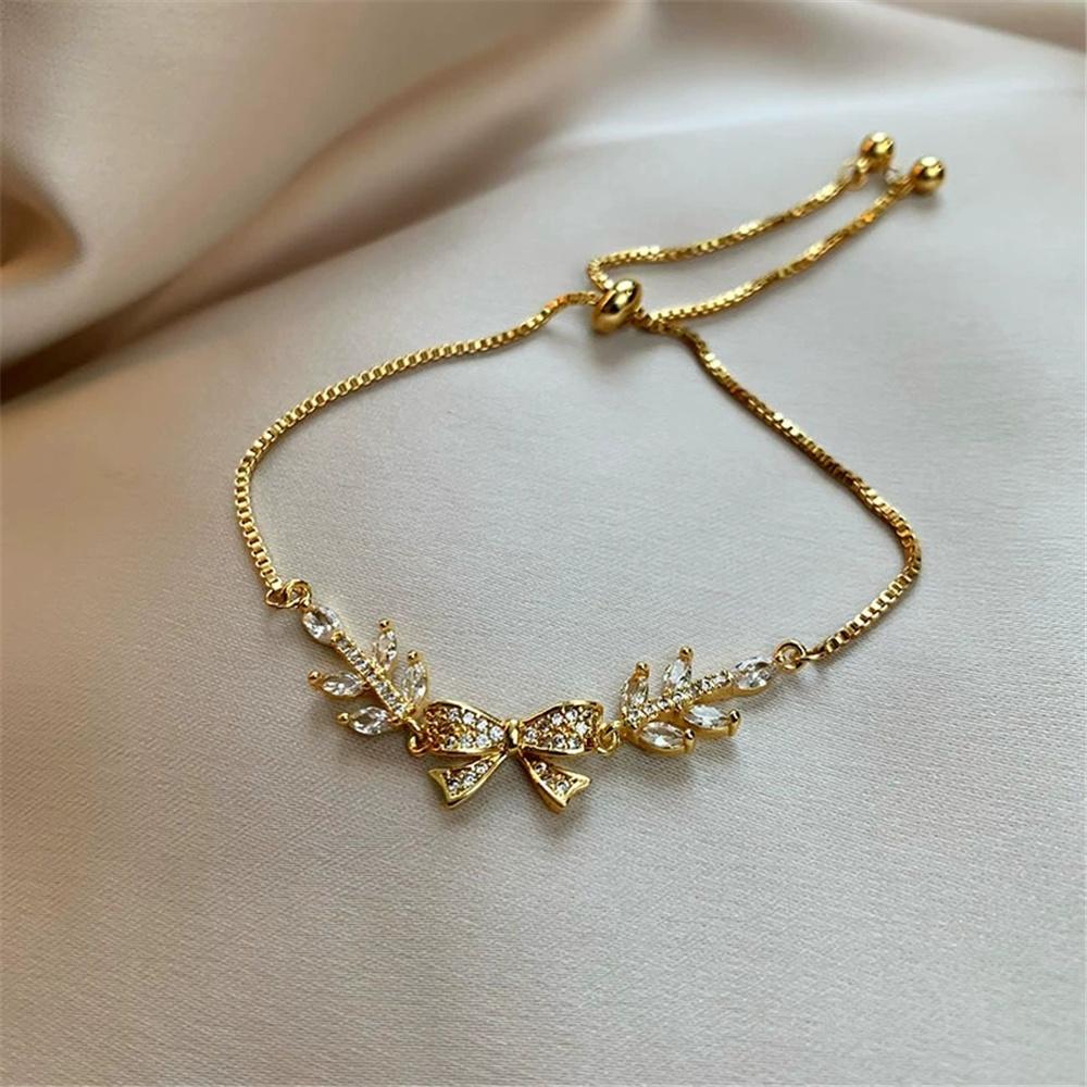 Crystal Fashion White Zircon Stone Bowknot Bangle Bracelets For Women Trendy Gold Color Wedding