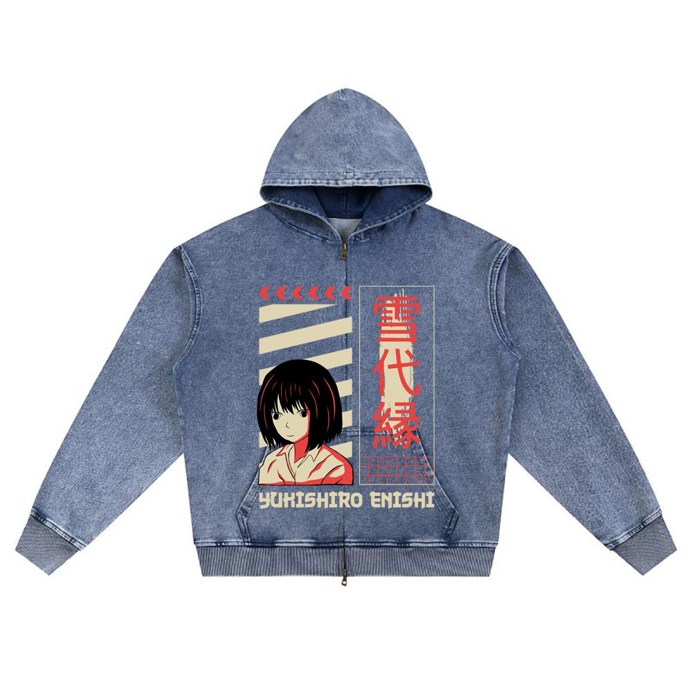 DTG-Druck Gestrickter Denim Zip-Up Hoodie Anime Streetwear 4 Brother Print Kapuzenpullover mit Reißverschluss