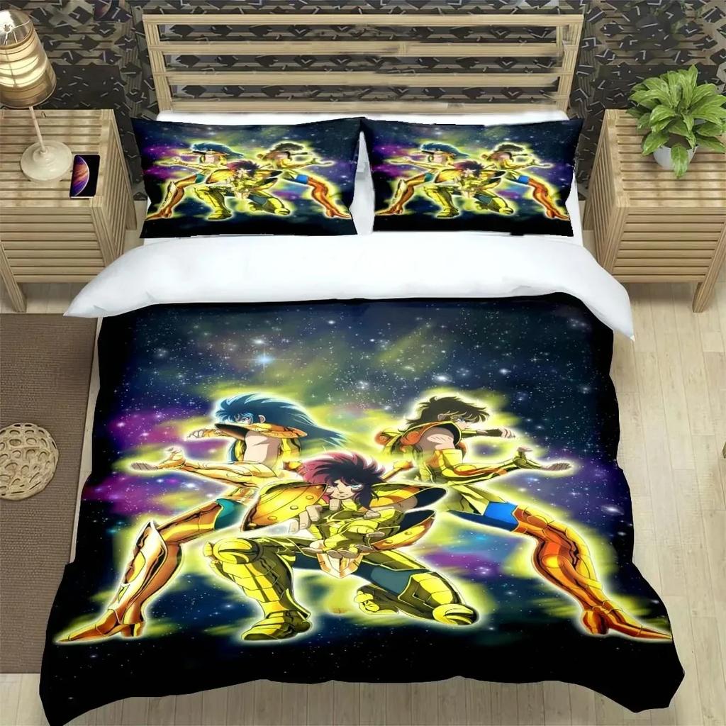 Saint Seiya Zestaw Pościeli 3D Czarny Zestaw Poszwy na Kołdrę i Poszewek na Poduszki Rozmiar King Queen Poliestrowa Poszwa na Kołdrę