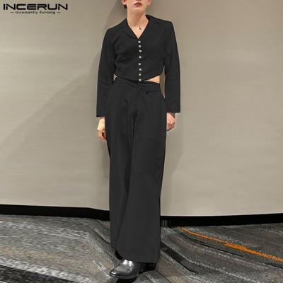 Men Suits Long Sleeve Irregular Cropped Blazer Long Pants Party Sets Outfits
