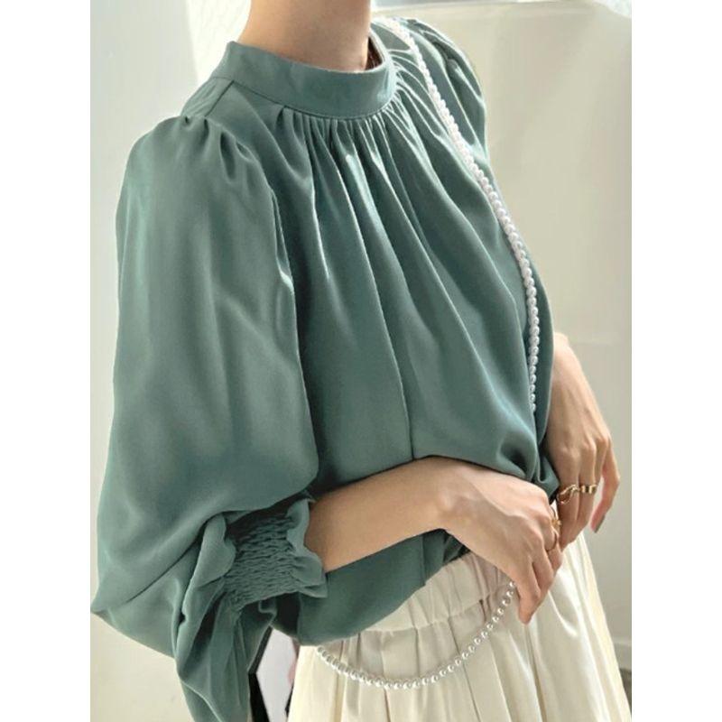 Cross-Border Japanese and Korean Sweet Fashion Commuter Ol Spring/Summer New Arrival Stand Collar Not Wrinkle Loose Bubble Long Sleeve Chiffon Shirt