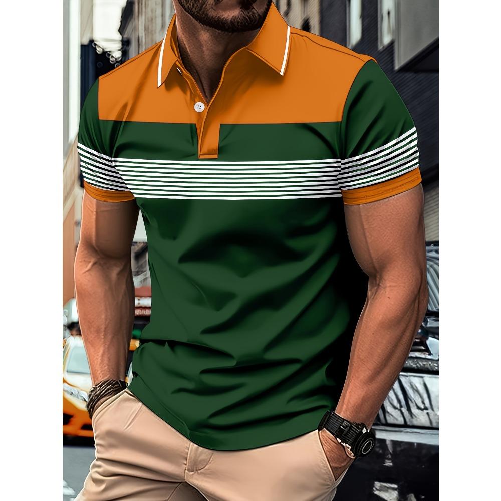 Men's fashion color blocked shirt, lapel golf shirt, short sleeved