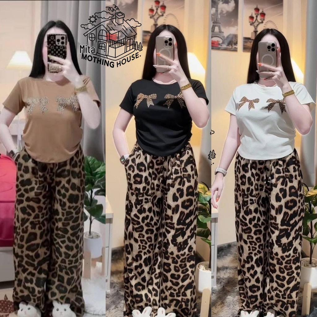 Southeast Asian Women's Summer Leopard Print T-shirt & Wide-Leg Pants Two-Piece Set