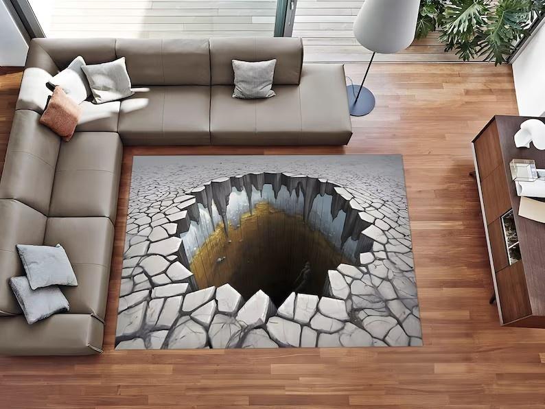 3D Illusion Carpet Cliff Hole Pattern Carpet Living Room Full of Floor Mats Creative and Quirky Home Decoration Rug