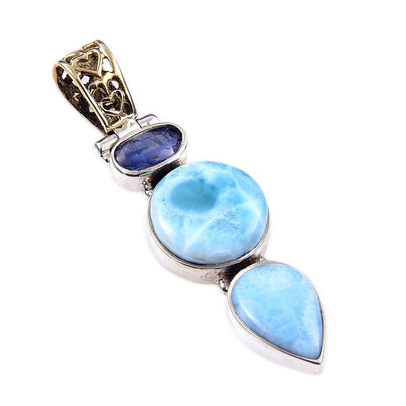 Natural Republic Larimar, Kyanite 925 Solid Sterling Silver Pendant 2'' T1b46