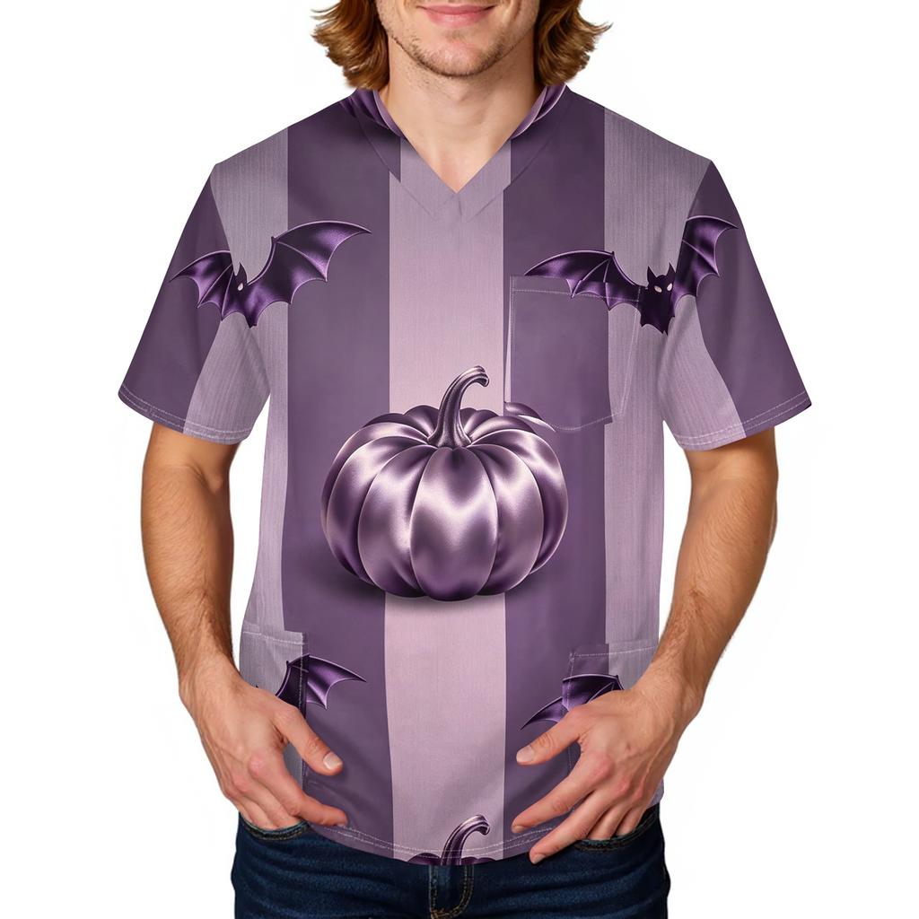 Herren Halloween Print Medizinische Kasack-Oberteil V-Ausschnitt mit Bindeband Taschen Bequeme Passform Tägliche Arbeitskleidung für medizinisches Fachpersonal
