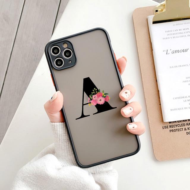 Black Letter Flower Matte Phone Case For iPhone 15 12 14 Pro Max Cases For iPhone 11 13 pro Back Cover fashion Shell Coque