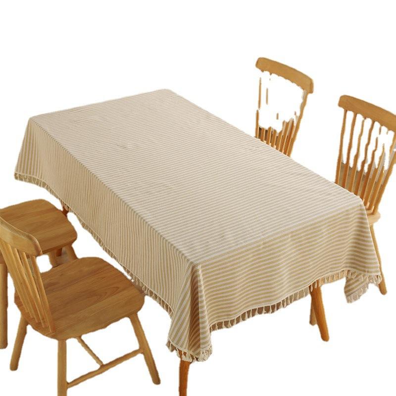 Japanese-Style Polyester-Cotton Simple Striped Plain Fringed Lace Yarn-Dyed Rectangular Tablecloth Coffee Table Dining Table Cloth