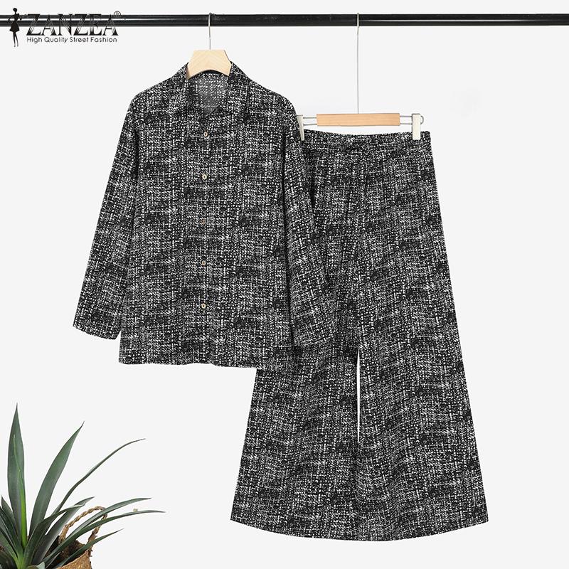 ZANZEA Women Long Sleeve Blouse and Pants Retro Print Casual Two Piece Suit Sets