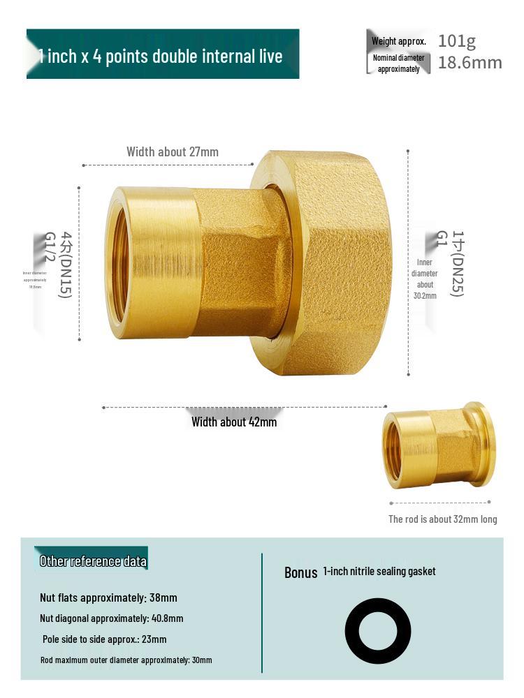 Reducing Copper Pipe Connector: Male/Female Threaded Union, 4 Points to 6 Points, 1 Inch