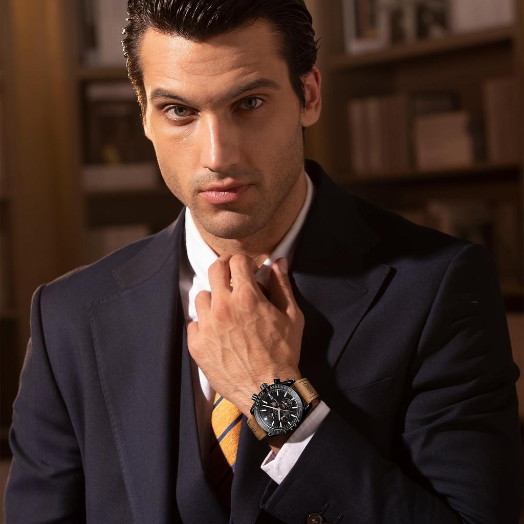 BY BENYAR Chronograph Analog 30M Water Leather Strap Quartz Gift for Brown or Black Men's Watch, Resistant, Simple, Stylish, Popular, Formal,