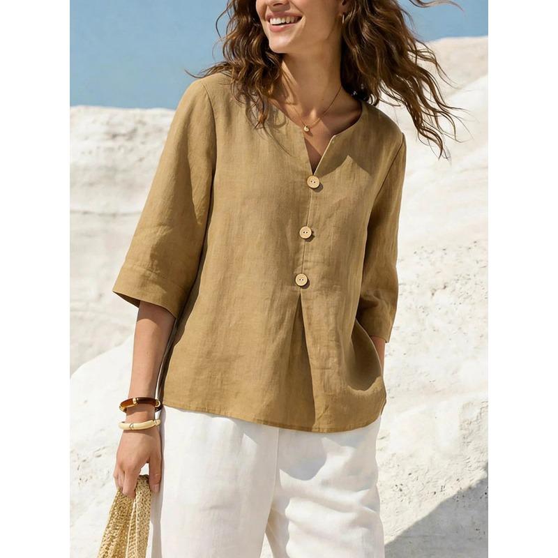 Solid-color Casual Loose V-neck Casual Button-down T-shirt for Women