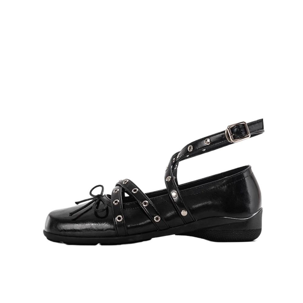 Fashion Flat Shoes for Women's Red Cross-strap Bow Pumps Women's 2025 Spring New Retro Shallow Mouth Rivet Ballet Flats Ladies Shoes