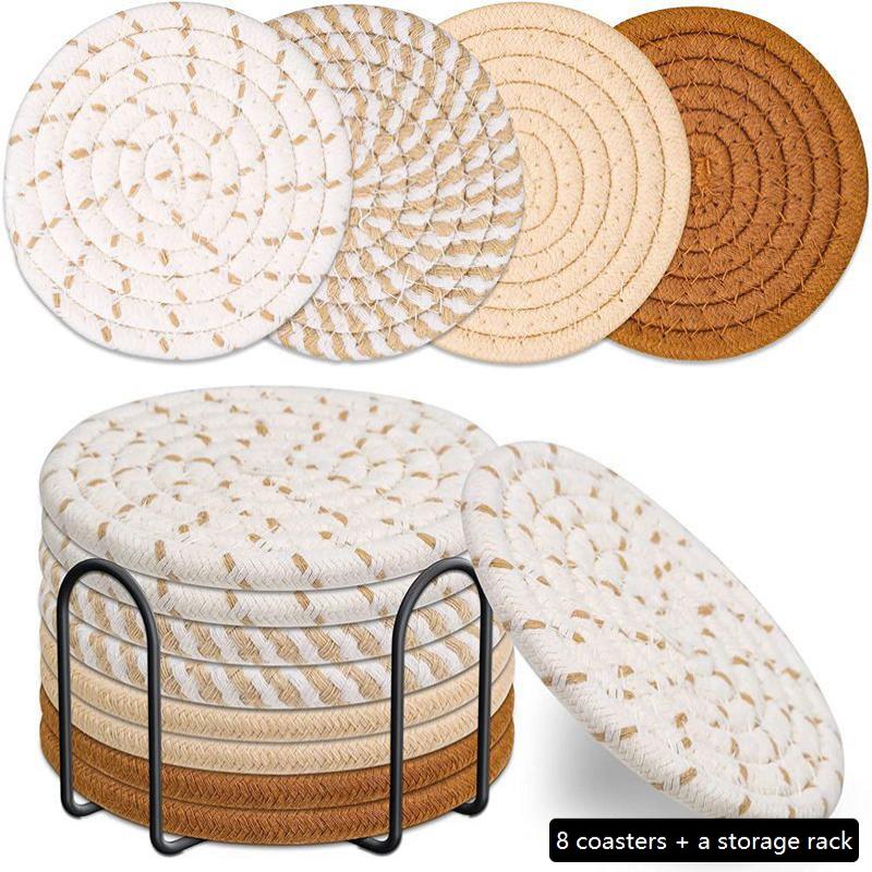 8 Pieces Cotton Rope Woven Placemats With Stand Insulation Pads For Drinks Woven Coaster Set Home Decoration