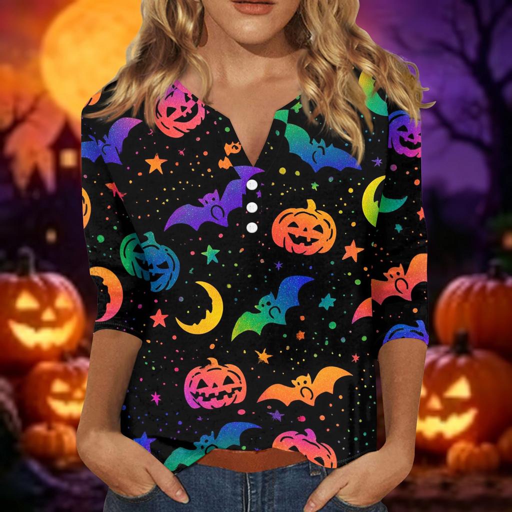 Women Casual Halloween Print V Neck Short Sleeve Button Detail Three Quarter Sleeve T Shirt Top