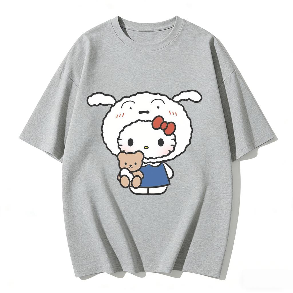 2026 New Kitty X Shinchan Print TShirt Cute Sanrio Loose Fit Casual Tee Harajuku Style Short Sleeve Top Couple Clothing Unisex