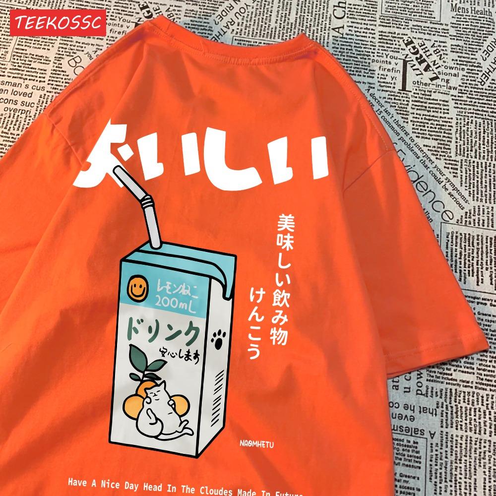 Cute Japanese Cat Print Oversized T-shirt Women Men Short Sleeve Loose Casual Tee Shirt Streetwear Tops Cotton Harajuku Clothing